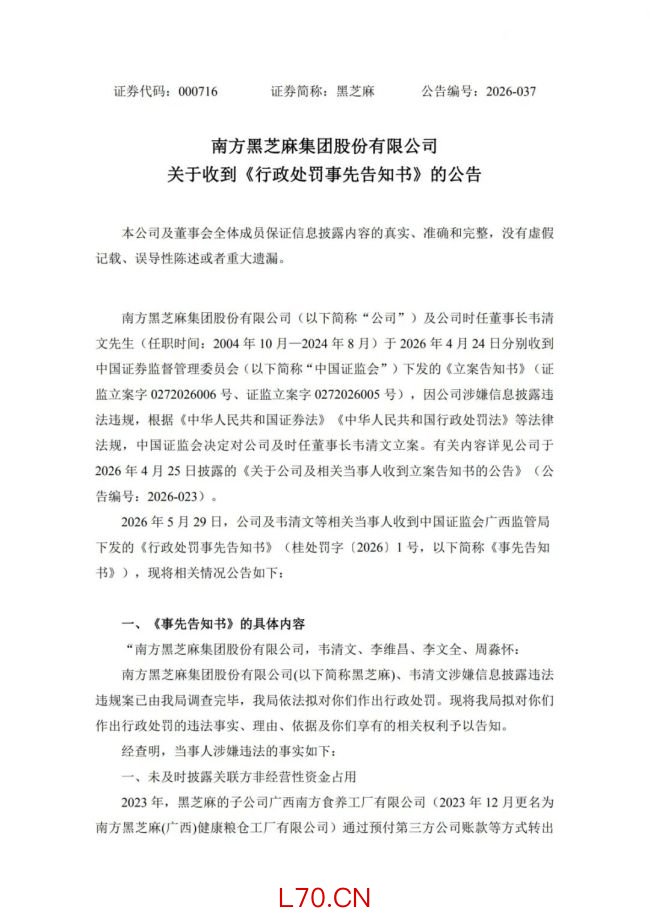 南方黑芝麻前董事长被罚款500万 信披违规遭重罚