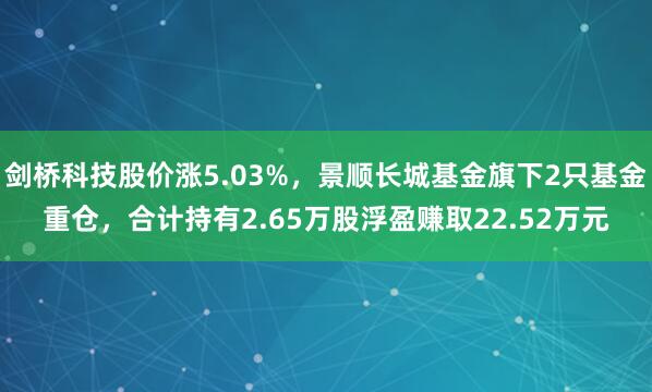 剑桥科技股价涨5.03%，景顺长城基金旗下2只基金重仓，合计持有2.65万股浮盈赚取22.52万元