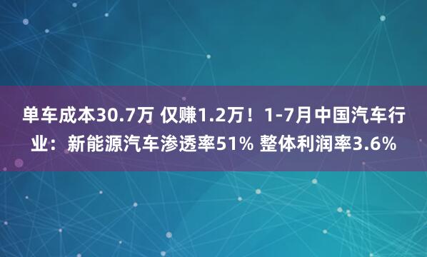 单车成本30.7万 仅赚1.2万！1-7月中国汽车行业：新能源汽车渗透率51% 整体利润率3.6%